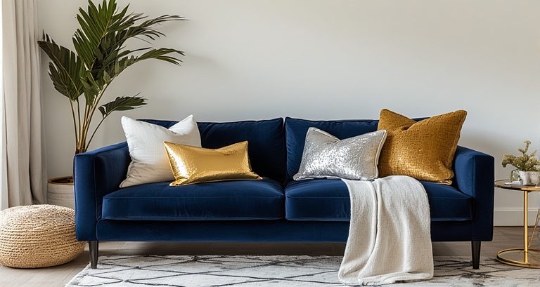 Blue Couch with Metallic Accents