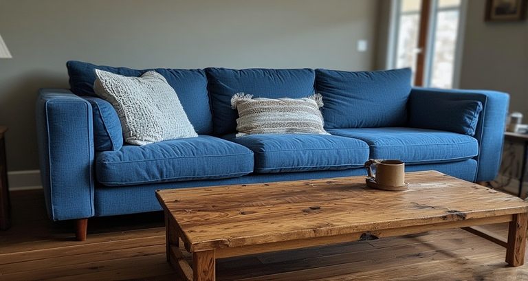 Blue Couch with Wooden Elements