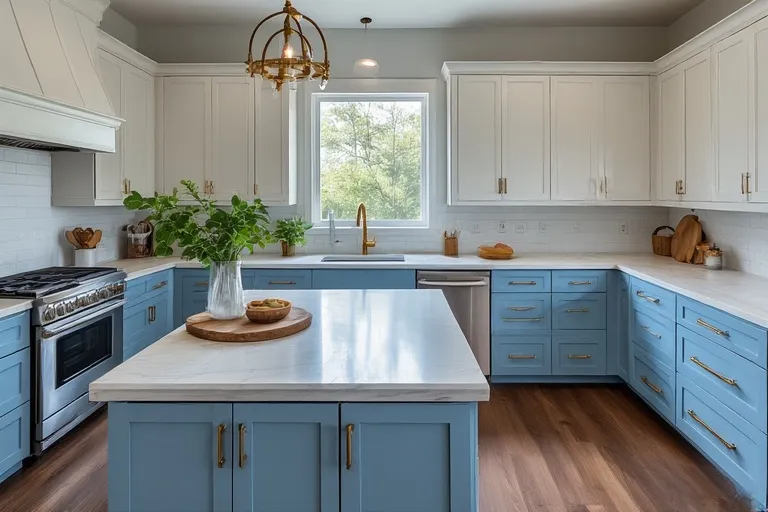 Small Kitchen Solutions with Blue Cabinets