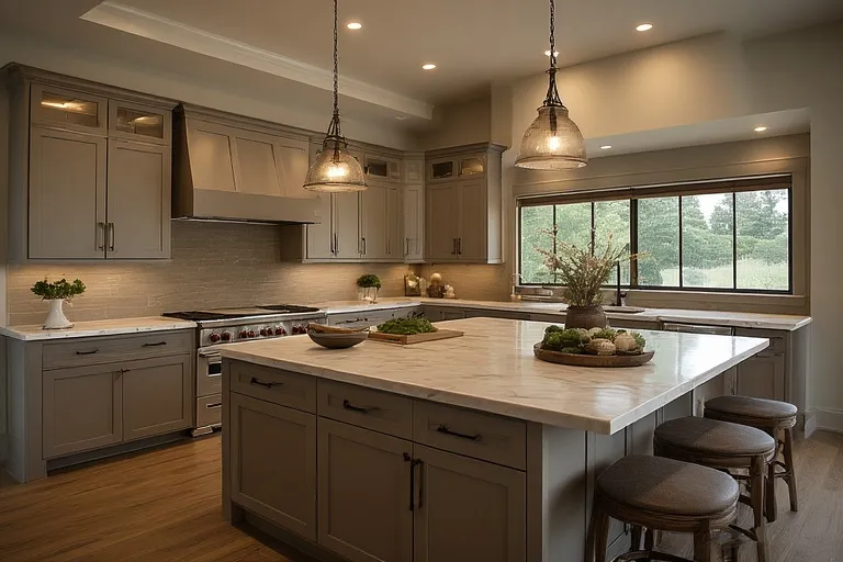 Taupe Kitchen Cabinets and Lighting