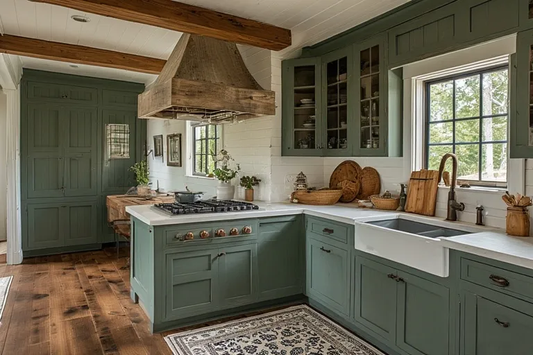 Creating a Farmhouse-Inspired Pewter Green Kitchen